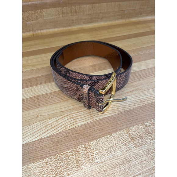 Michael Kors Brown Snake Print Leather Belt Gold Hardware Womens Medium - Picture 2 of 6